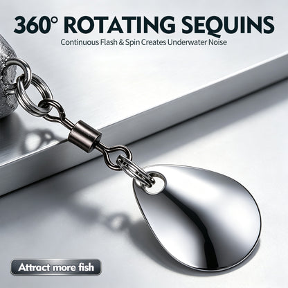 Close up detail of sharp high carbon steel hook, willow spinner blade, and 3D eye
