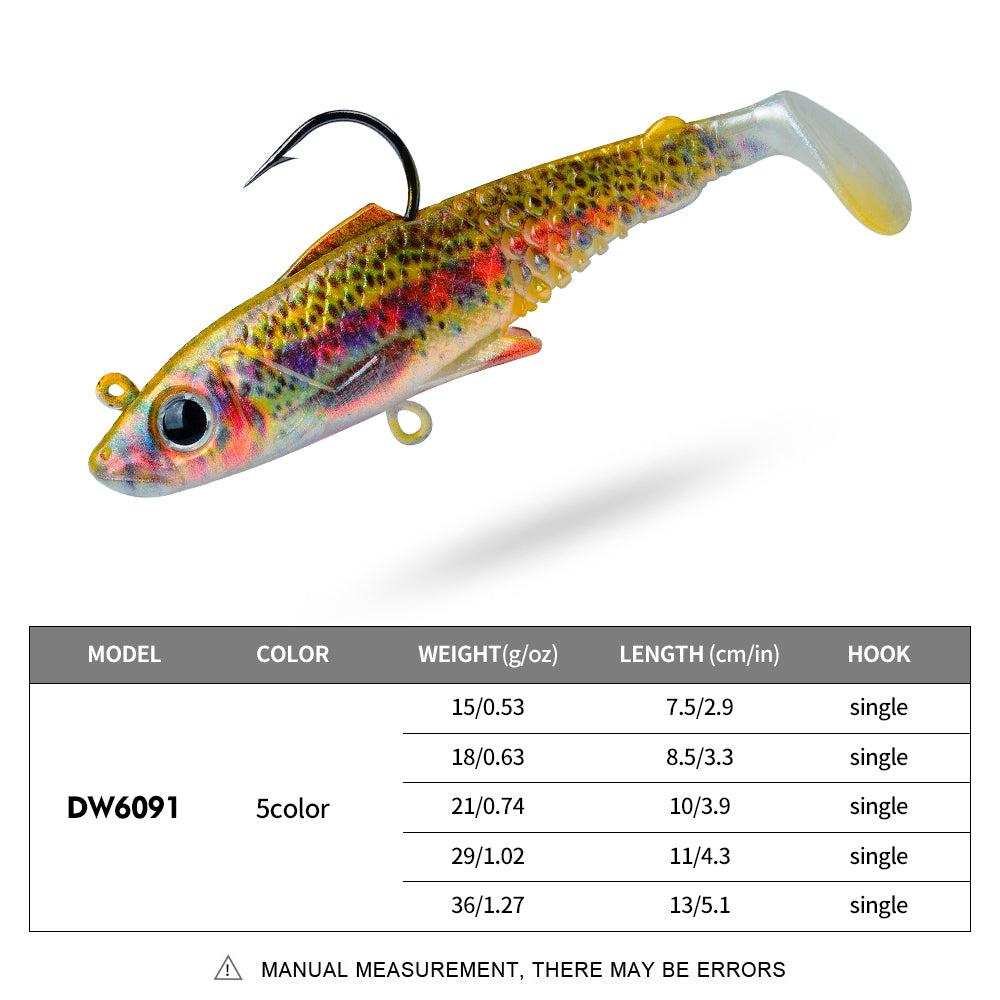 Size 7.5cm-13cm and weight 15g-36g chart for SUNLURE DW6091 swimbait