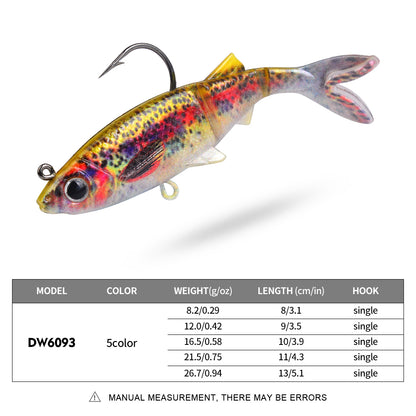 Size and weight specification chart 8.2g-26.7g for Sunlure DW6093 swimbait