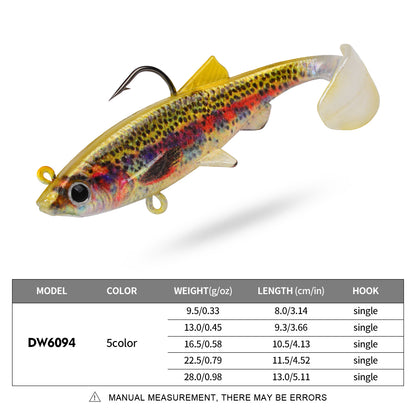 Size 8cm-13cm and weight 9.5g-28g chart for Sunlure DW6094 swimbait