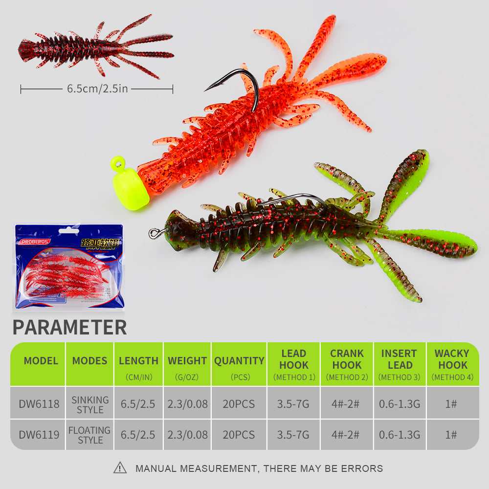 Size 6.5cm and weight 2.3g chart for Sunlure crayfish soft bait