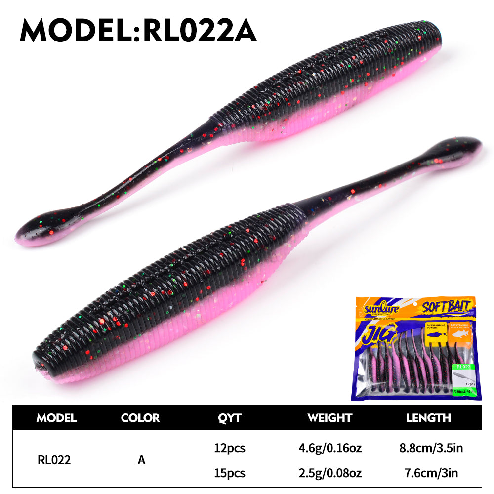 Sunlure Needle Tail Worm Soft Bait Lures 12/15-Pack - 3in/3.5in Silicone Wobblers