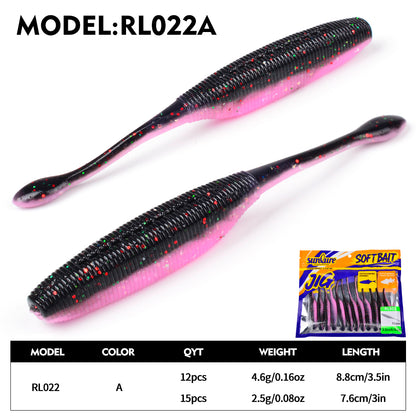 Sunlure Needle Tail Worm Soft Bait Lures 12/15-Pack - 3in/3.5in Silicone Wobblers