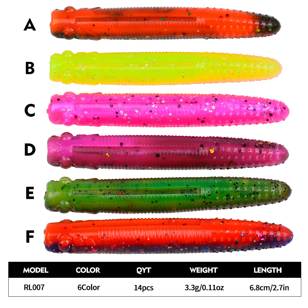 SUNLURE RL007 Ribbed Stick Soft Plastic Worms 6 Colors Available