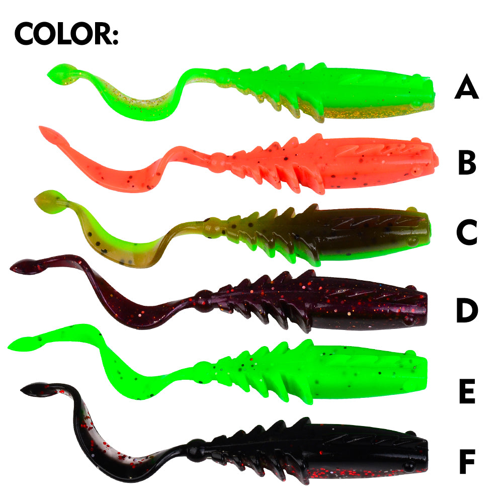 All 6 glitter color options of SUNLURE RL030 twister tail soft grub lures