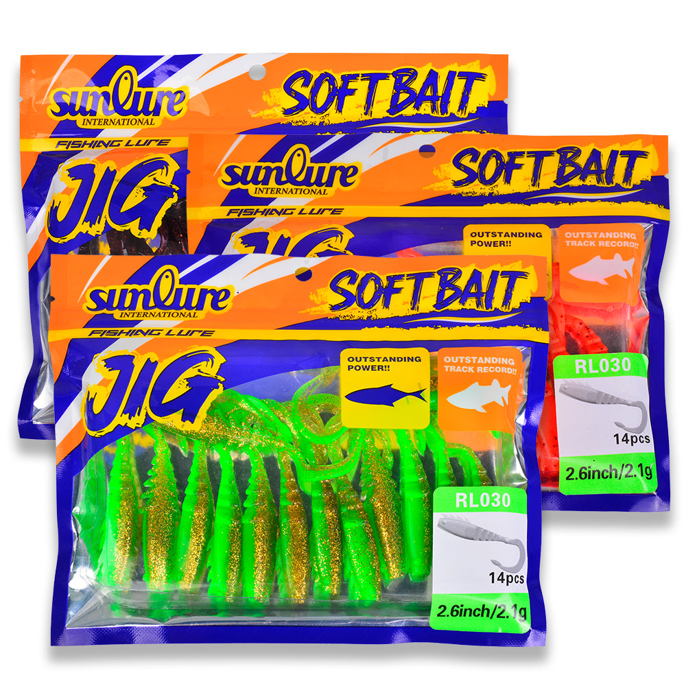 Retail bag packaging for SUNLURE RL030 curly tail ribbed soft grub lures