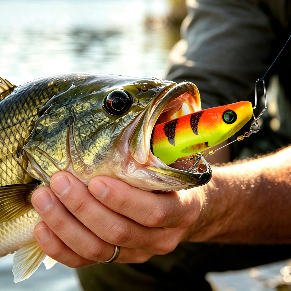 Predatory bass caught with SUNLURE RL5600 paddle tail swimbait real fishing catch scene