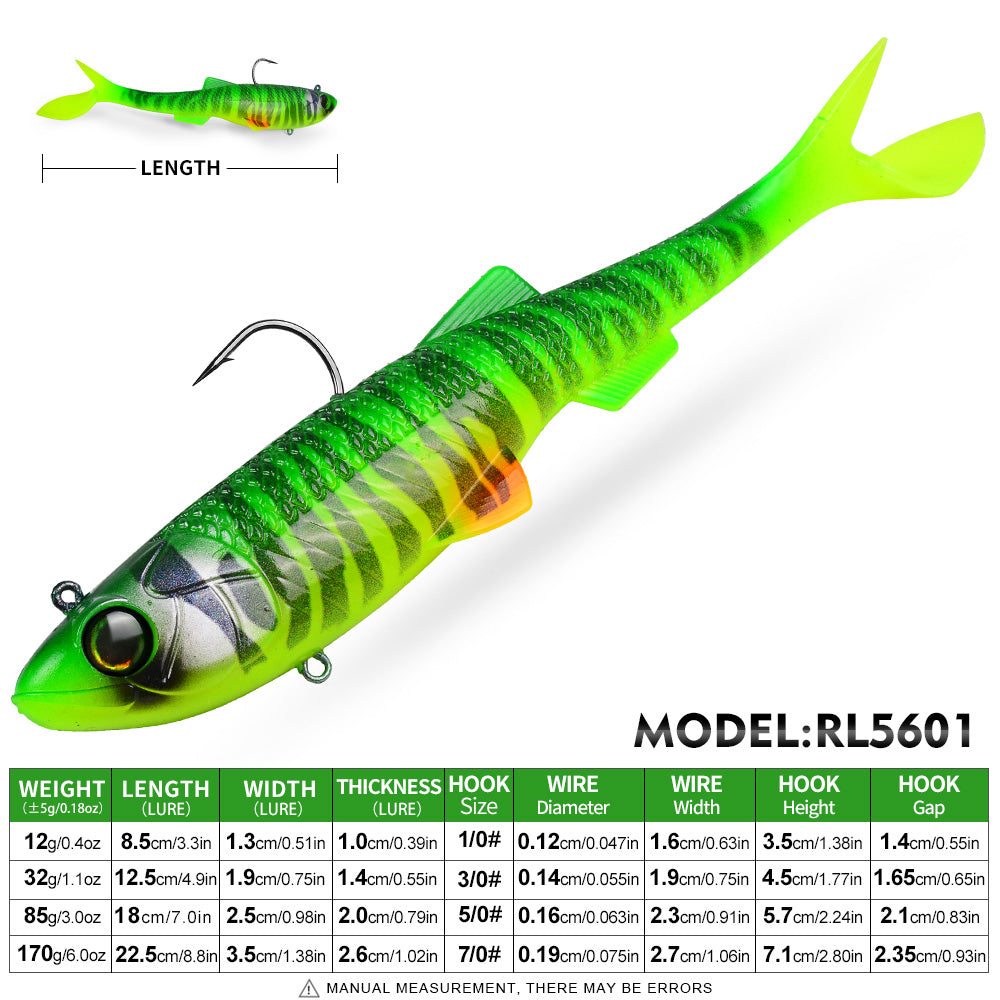 SUNLURE RL5601 Swimbait Size Weight and Hook Size Comparison Chart