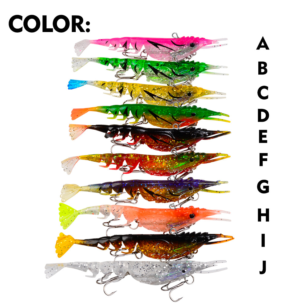 All 10 glitter color options of SUNLURE pre rigged soft shrimp lures