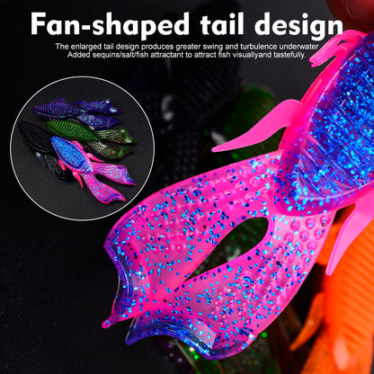 Fan-shaped dual kicking tail creating lifelike surface disturbance underwater