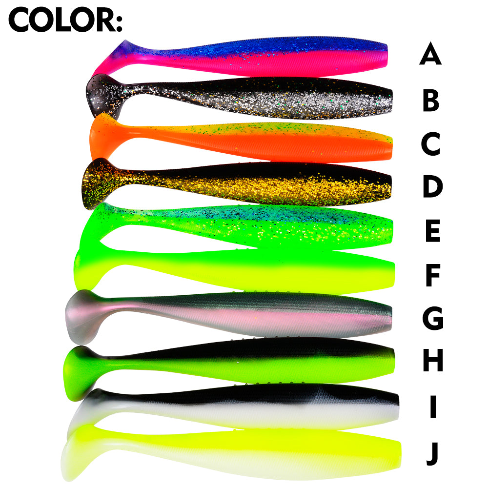 All 10 color options (A to J) for SUNLURE SL1008 paddle tail soft swimbaits