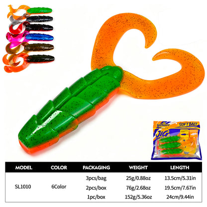 Size, packaging, and weight specifications chart for SUNLURE SL1010 soft grub baits ranging from 25g to 152g.