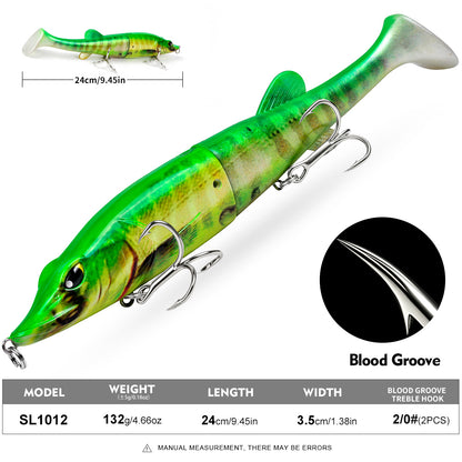 Size and weight specifications for SUNLURE SL1012 big soft bait showing 24cm length and 132g weight configuration.