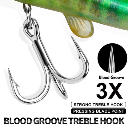 Heavy duty blood groove barbed single treble hooks on SUNLURE SL1012 soft plastic swimbait to prevent big fish from escaping.