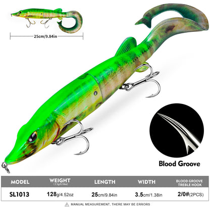Specifications chart for SUNLURE swimbaits showing SL1012 132g 24cm paddle tail SL1013 128g 25cm single curly tail and SL1014 123g 26.5cm double curly tail