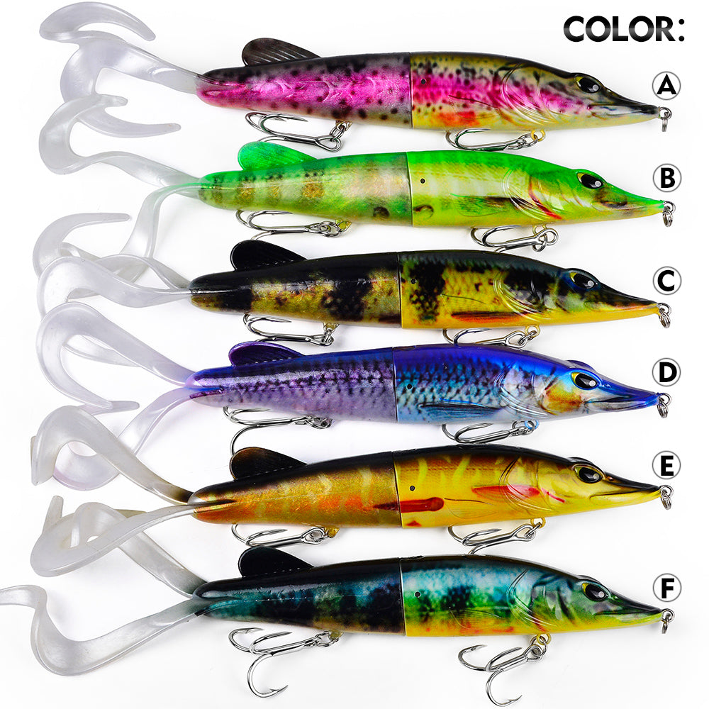 Six realistic color finishes A B C D E F for SUNLURE jointed swimbait lures targeting pike musky and big bass