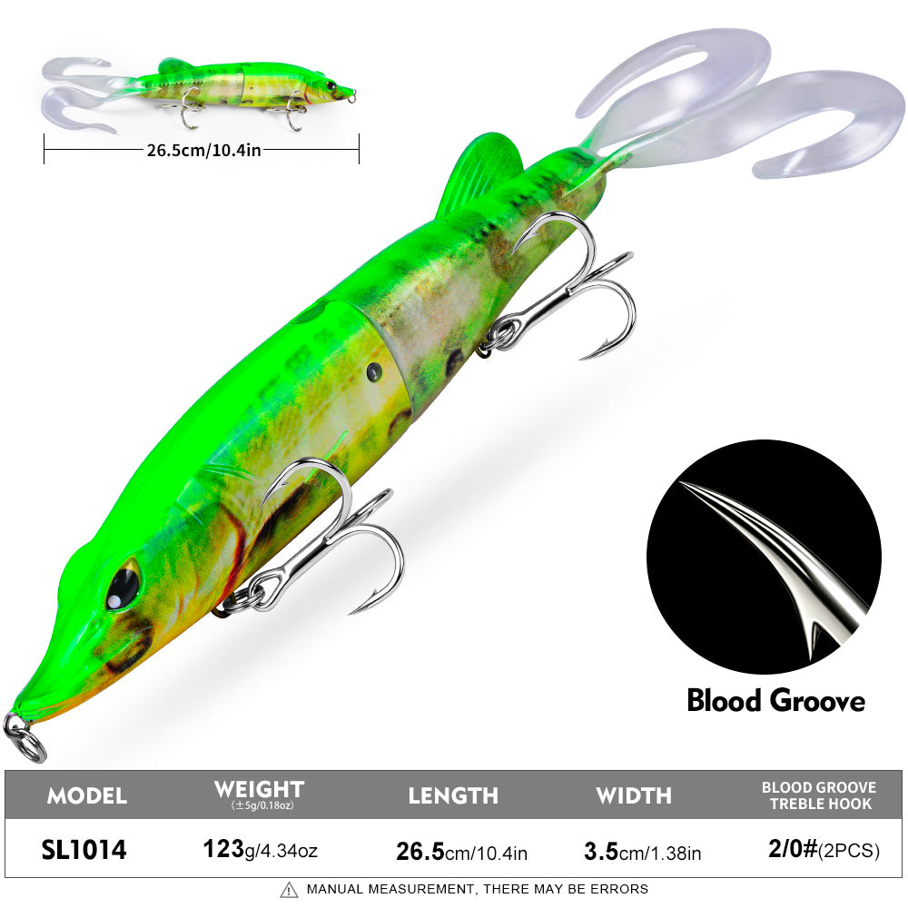 Specifications chart for SUNLURE swimbaits showing SL1012 132g 24cm paddle tail SL1013 128g 25cm single curly tail and SL1014 123g 26.5cm double curly tail