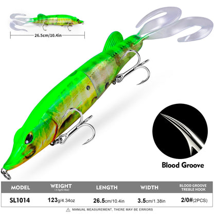 Specifications chart for SUNLURE swimbaits showing SL1012 132g 24cm paddle tail SL1013 128g 25cm single curly tail and SL1014 123g 26.5cm double curly tail